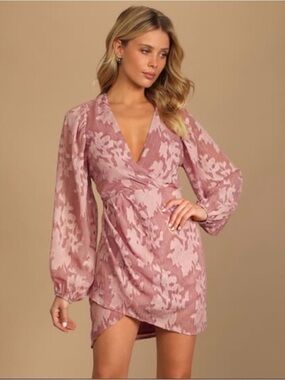 Lulus Dusty Rose Floral Jacquard Wrap Mini Dress